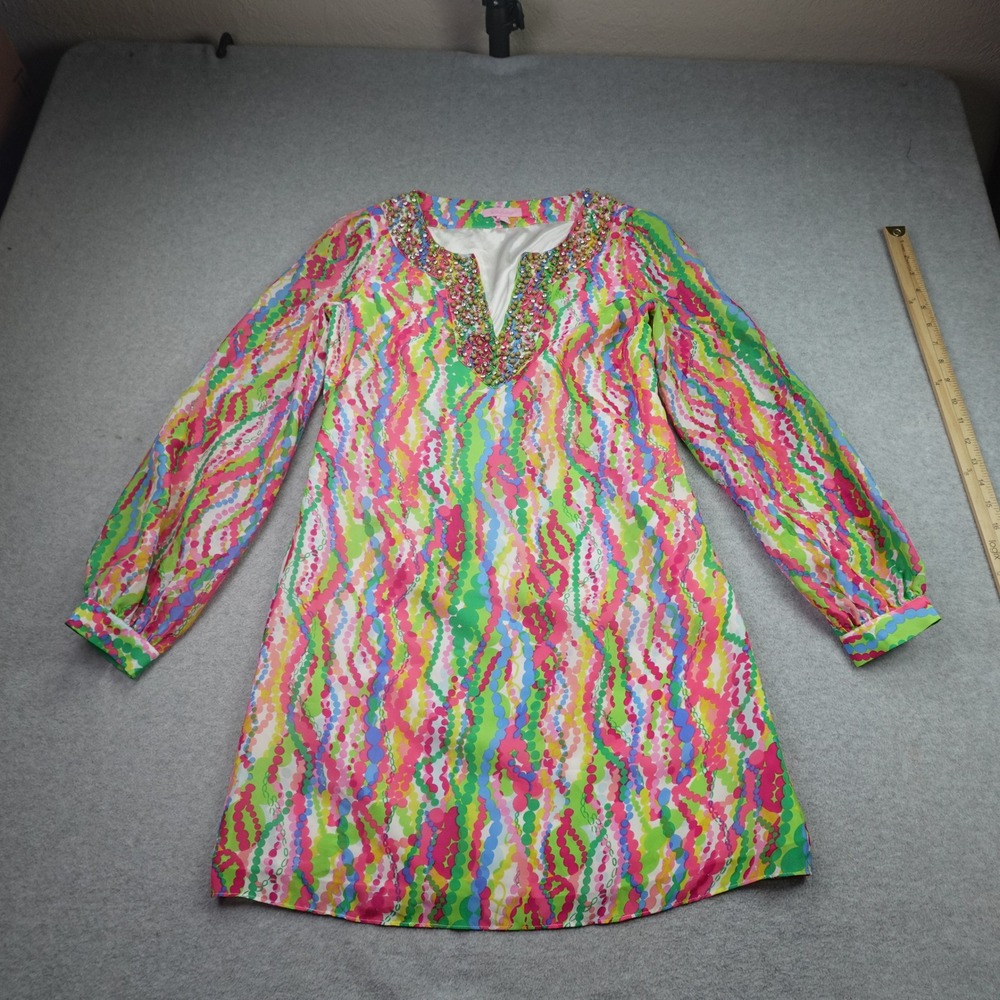 Lilly Pulitzer Dress Womens 0 Multicolor Preppy Shift Beaded Silk Mini